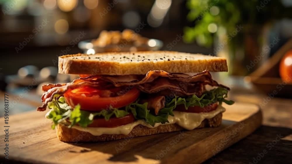 Fresh BLT sandwich with crispy bacon, lettuce, and tomato on toasted bread against a rustic kitchen backdrop – National BLT Sandwich Day celebration