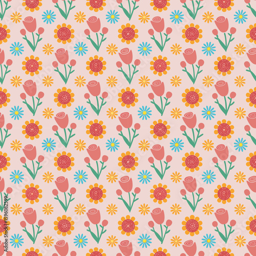 Floral pattern with pink and yellow flowers on a pastel background  