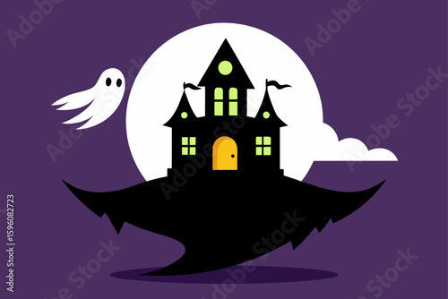 A ghost floating in a starry sky with full moon vector illustration