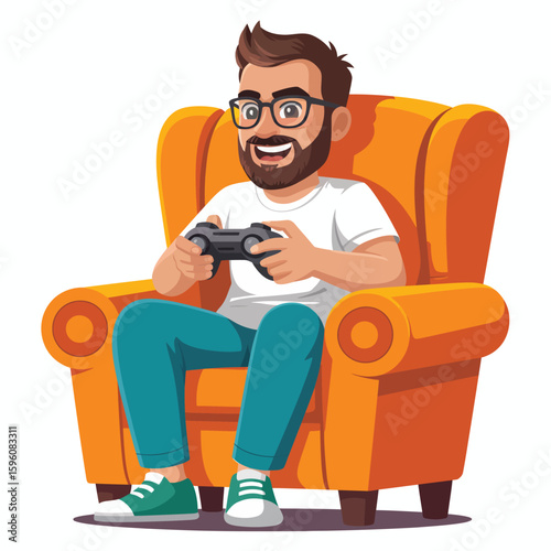 Man with beard and glasses playing video games on an orange armchair