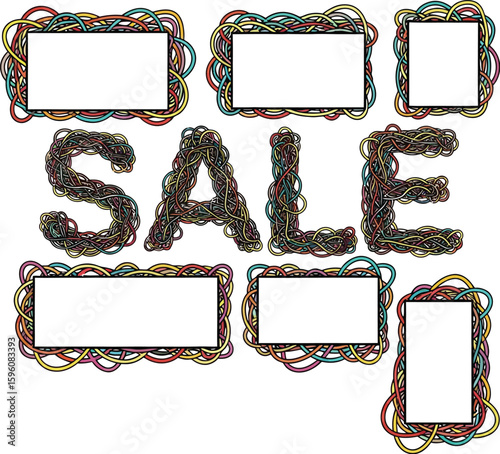 Sale promotion vector graphic with colorful wire frames and text box templates