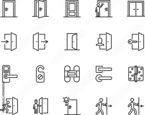 Vector set of door line icons. Contains icons entrance, exit, open door, doorbell, knock, door handle, door hinge, emergency exit and more. Pixel perfect.