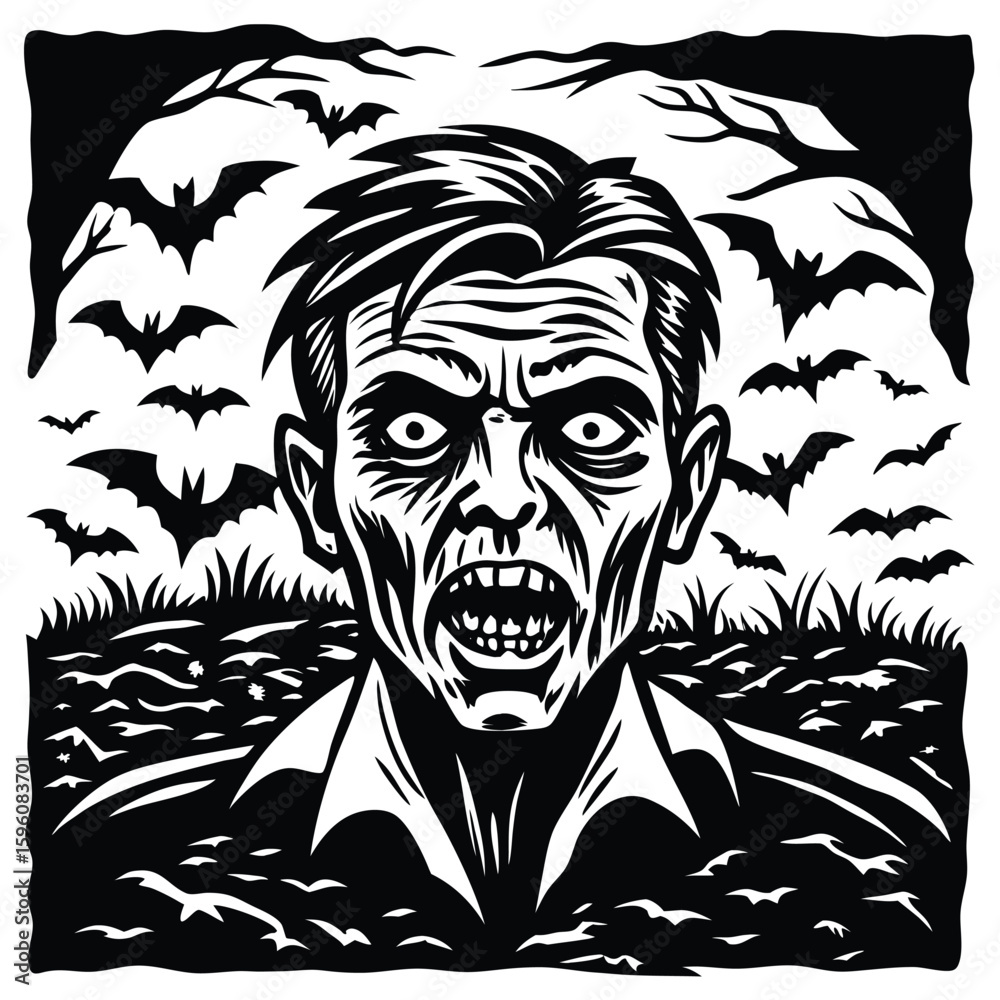 Fototapeta premium Grotesque zombie head emerging from dark landscape with bats