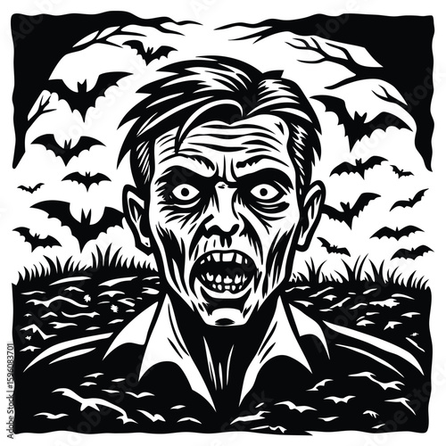 Grotesque zombie head emerging from dark landscape with bats