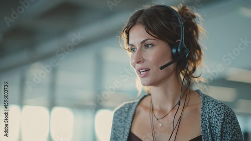 Energetic female sales rep on a call in a modern open-plan office wearing a headset mic using dynamic gestures and expressive body language