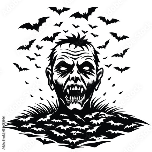 Grotesque zombie head with bats emerging ground