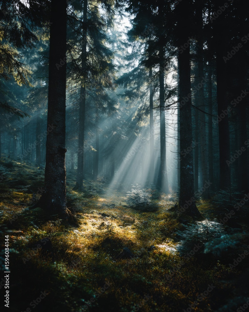 Fototapeta premium Mystical foggy forest with sunrays filtering through trees