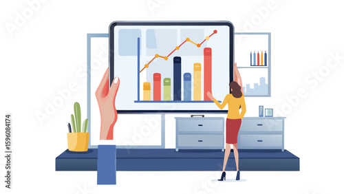 Woman presenting a graph on a large tablet with a rising line and colorful bar charts shown near a window