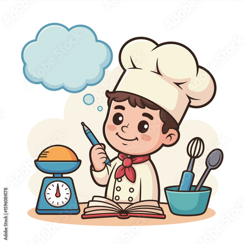 Cute cartoon chef boy thinking about cooking with recipe book and ingredients