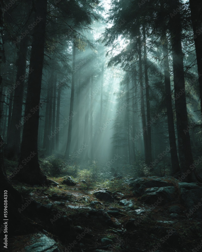 Fototapeta premium Mystical foggy forest with sunrays filtering through trees