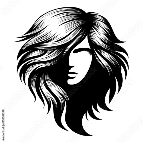Female silhouette flowing hair, stylish monochrome portrait linework, hairy woman face chic.