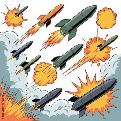 Retro comic style rockets launching and exploding in a dramatic scene
