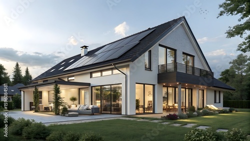 Energy efficient smart home with black solar panels, clear sky