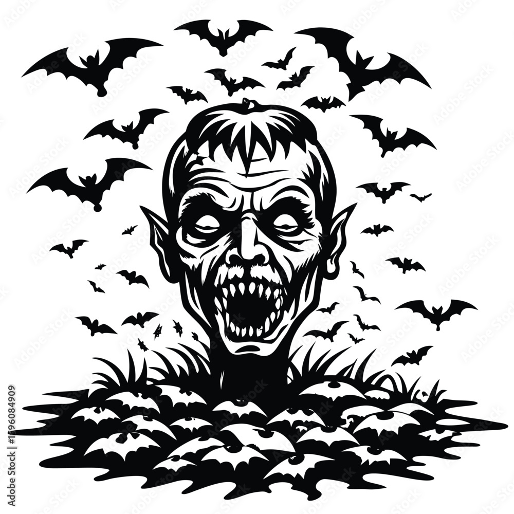 Fototapeta premium Monstrous zombie head emerging from ground surrounded by bats
