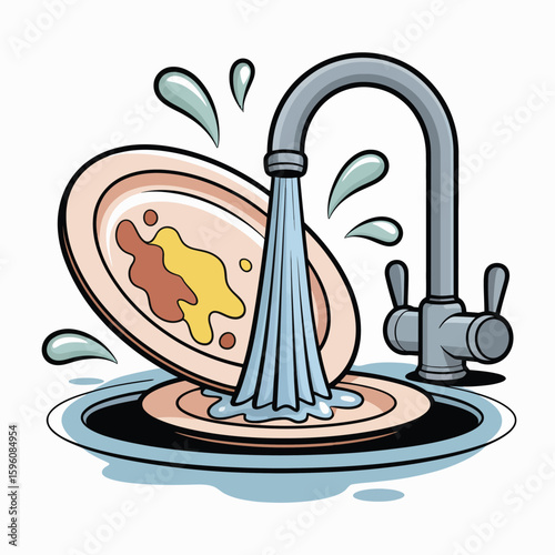 Dirty dishes being washed under a running kitchen faucet in a sink