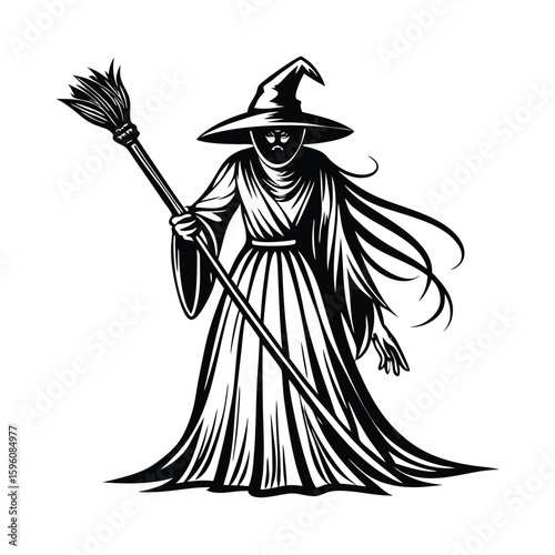 Mysterious witch holding broom cloak