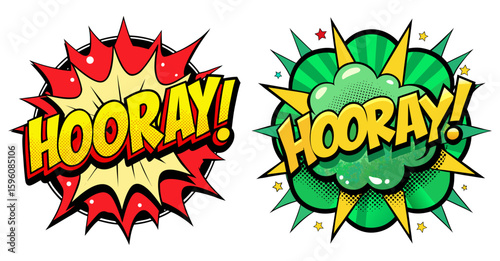 Two Comic Book Style Hooray Speech Bubbles in Red and Green Colors