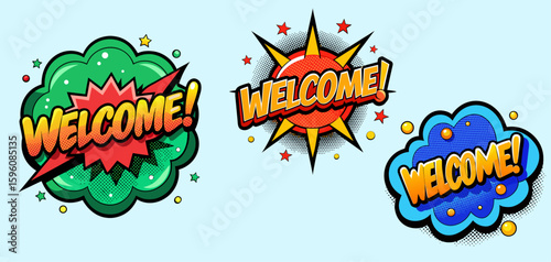 Colorful Pop Art Welcome Message Set with Comic Book Style Design Elements
