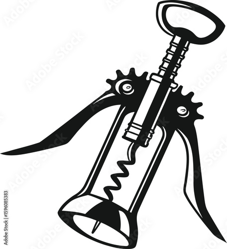 Vector art of a black and white illustration of a corkscrew wine opener isolated on a white background