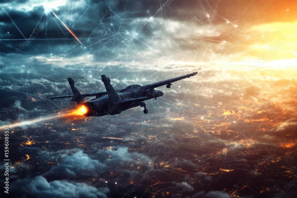 Naklejka premium Jet fighter soaring through clouds at twilight, showcasing bright afterburner flames