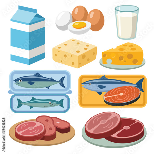 Collection of healthy protein rich foods including dairy fish eggs and meat