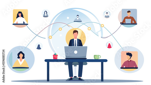 Illustration of a man at a desk with a laptop connecting to remote team members online for a meeting