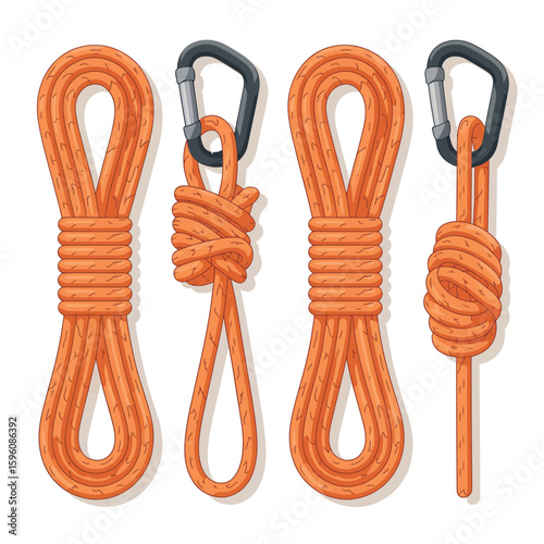 Four orange climbing ropes with carabiners and knots on a white background