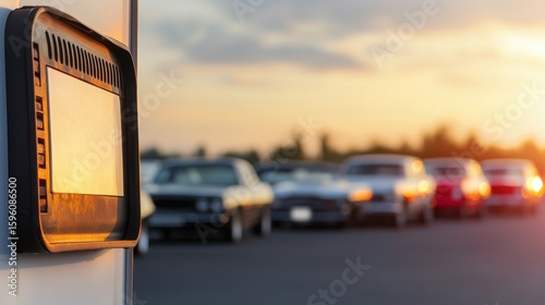 Classic Car Drive-In Cinema with Ticket Booth at Sunset for Nostalgic Movie Experience