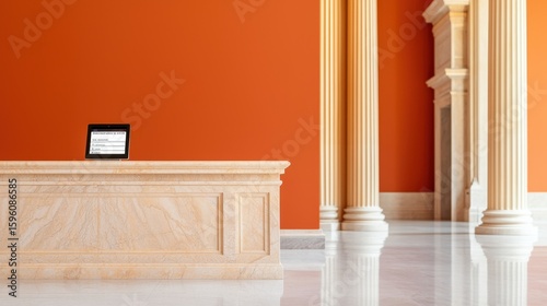Elegant Ticket Counter with Marble Design in Grand Museum Interior Featuring Orange Walls and Iconic Columns