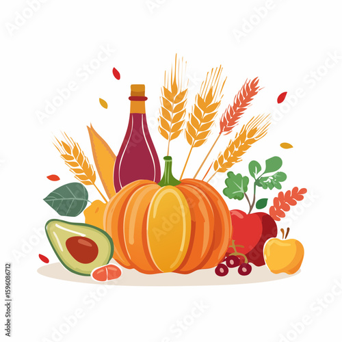 A vibrant and colorful illustration showcases the bounty of the harvest season, featuring a collection of fresh fruits, vegetables, and grains.