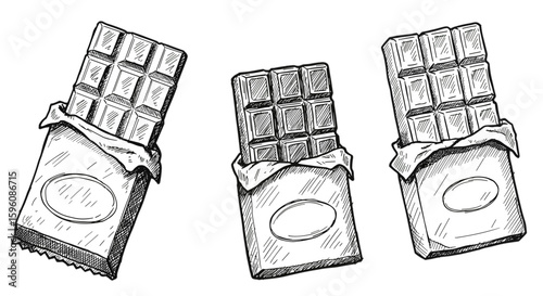 Collection of chocolate bars in unwrapped packaging – hand drawn vintage ink sketch doodle black and white vector illustration