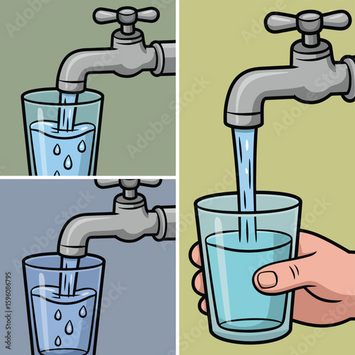 Water pouring from a faucet into a glass showing clean drinking water