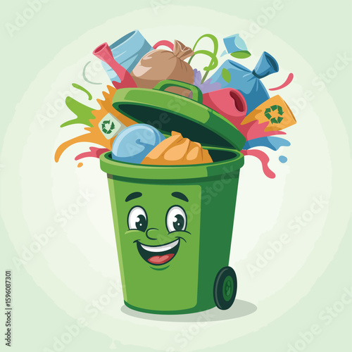 Happy overflowing green trash bin with colorful waste and cartoon face