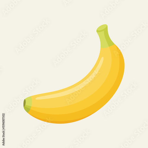 Single ripe yellow banana with green stem and tip
