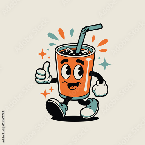 Retro cartoon character cup of orange soda giving thumbs up