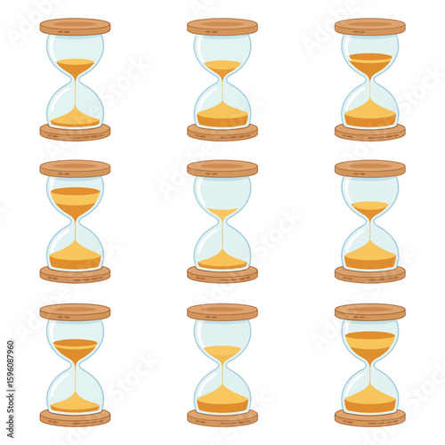 Collection of nine hourglasses showing different stages of time passing