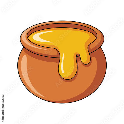 Clay pot overflowing with golden honey dripping down