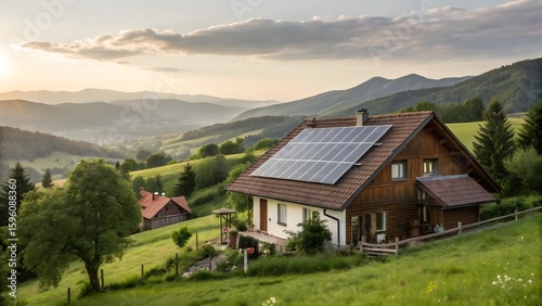 Cozy countryside house with solar panels on slanted roof, renewable energy theme
