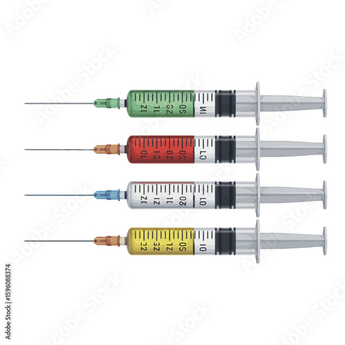 Four medical syringes filled with different colored liquids on a white background