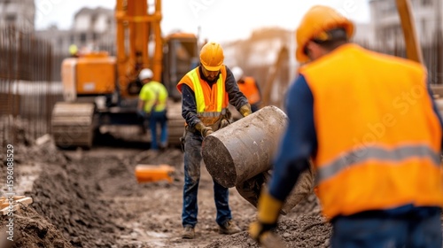 Group of Construction Workers Collaborating on Site Lifting Heavy Object with Machinery in Background