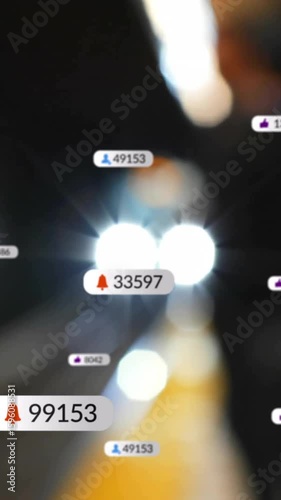 Animation of social media icons with growing numbers over train station