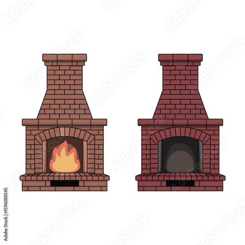 Two brick fireplaces one with a warm glowing fire and one empty