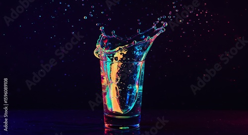 Vibrant liquid splash in a glass, illuminated with colorful lights against a dark background.