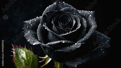 A dramatic black rose with water droplets, set against a dark backdrop, evokes feelings of gothic beauty and melancholic elegance
