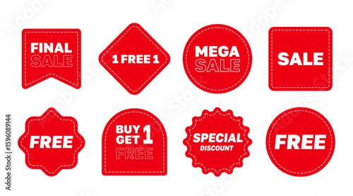 Isolated Red Promotion Sign in Flat style, Sale, 1 free 1, Special Offer Deal Tags, Maketing graphic elements.