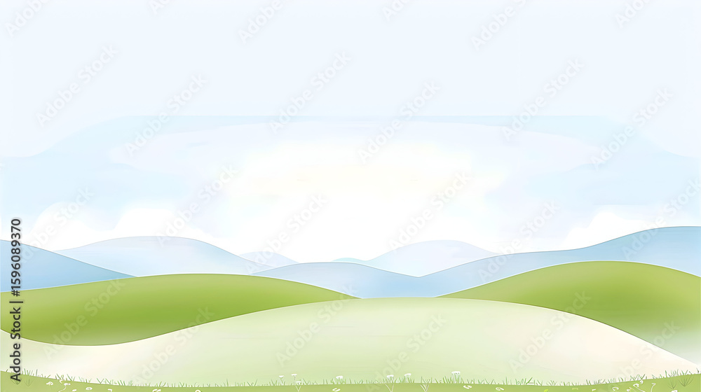 Obraz premium Soft, pastel-colored illustration rolling green hills under a pale blue sky. Ideal calming backgrounds.