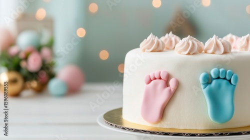 Sweet Baby Shower Cake with Pink Fondant Footprints and Whipped Cream Topping Perfect for Celebrating a New Arrival