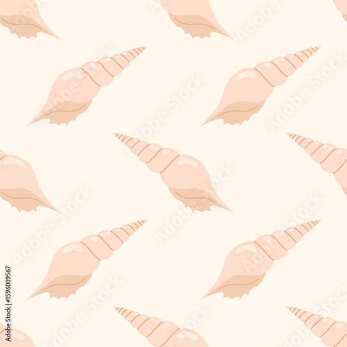 Pattern with stylized pink seashells on a light cream background. For summer textiles and beach designs.