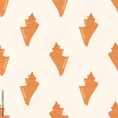 Seamless pattern with brown seashells on a cream background. Underwater element. For summer textiles and beach designs.