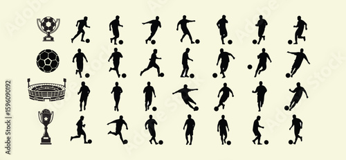 Silhouettes of soccer players in action with trophy and stadium